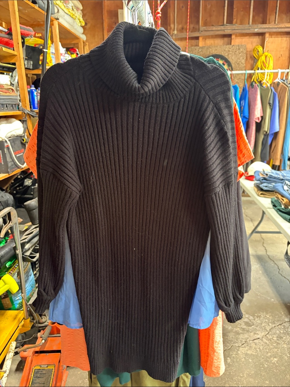 Women's Black Ribbed Drop Sleeve Turtleneck Sweater dress